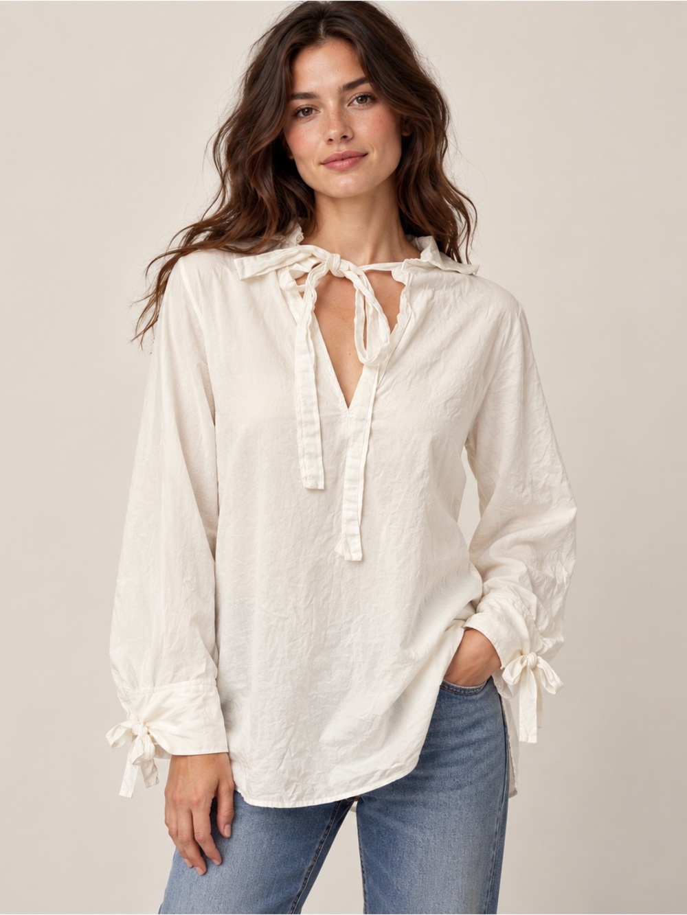Poetcore Zara ivory tie neck blouse with long sleeve and tie cuffs coquette